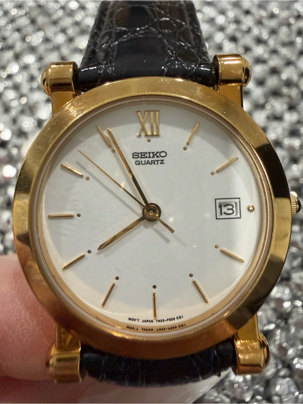 Seiko Gold and White Dress Watch with Black Leather Strap